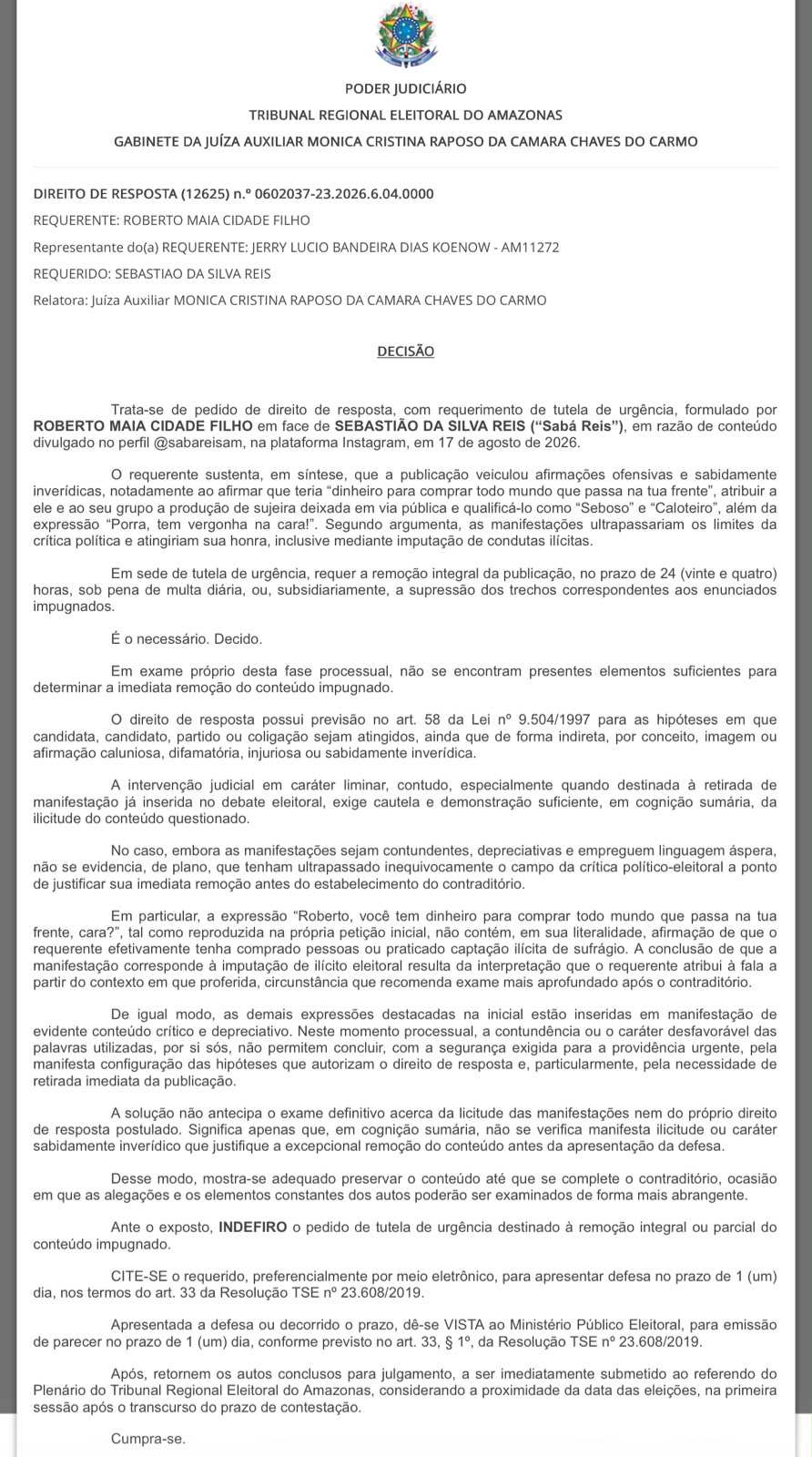 Justiça barra tentativa de Cidade de tirar do ar publicação de Sabá Reis sobre lixo após ato de campanha