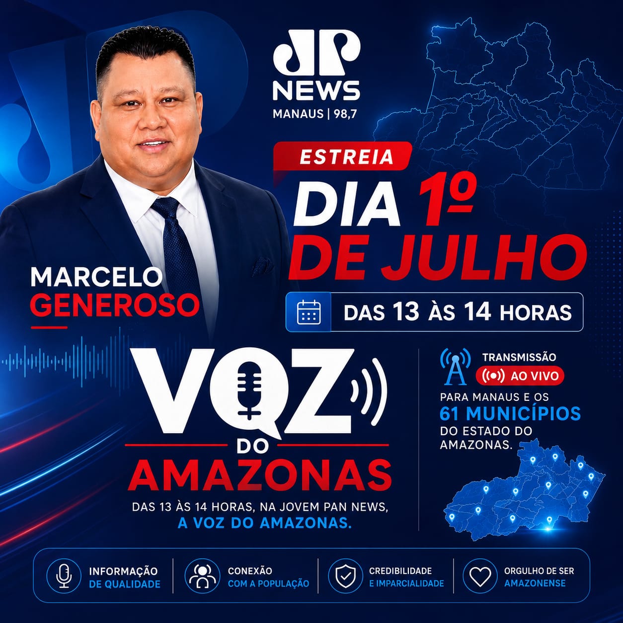 Voz do Amazonas com Marcelo Generoso estreia dia 1º de julho na Jovem Pan News e promete conectar Manaus aos 61 municípios do estado. 